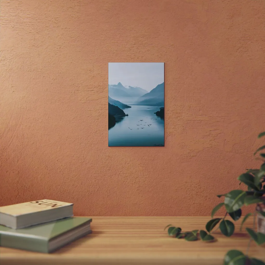 Serene Mountain Lake: Vibrant Birds Eye View Art - Metal Poster
