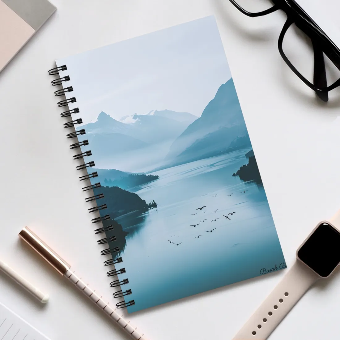 Serene Mountain Lake: Vibrant Birds Eye View Art - Spiral Notebook
