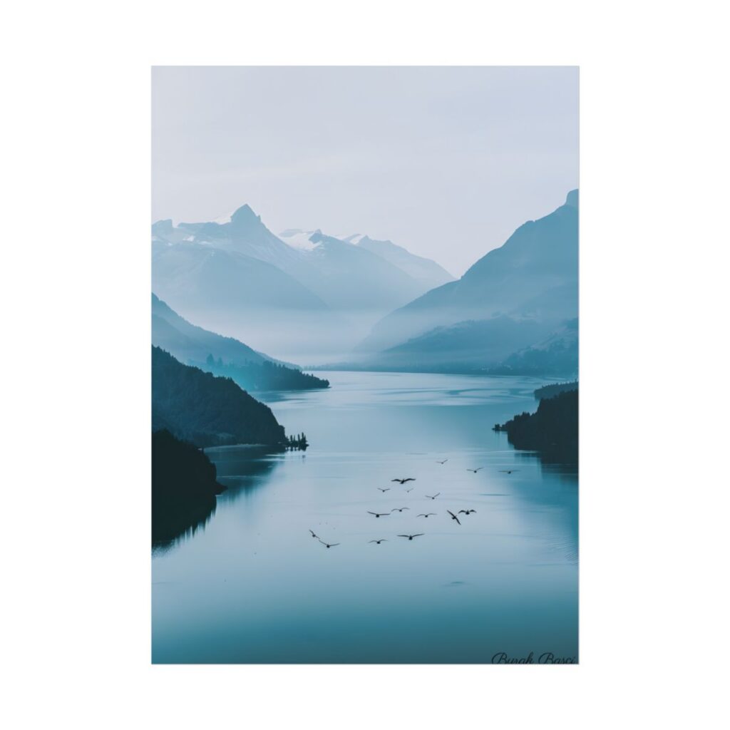 Serene Mountain Lake: Vibrant Birds Eye View Art - Poster