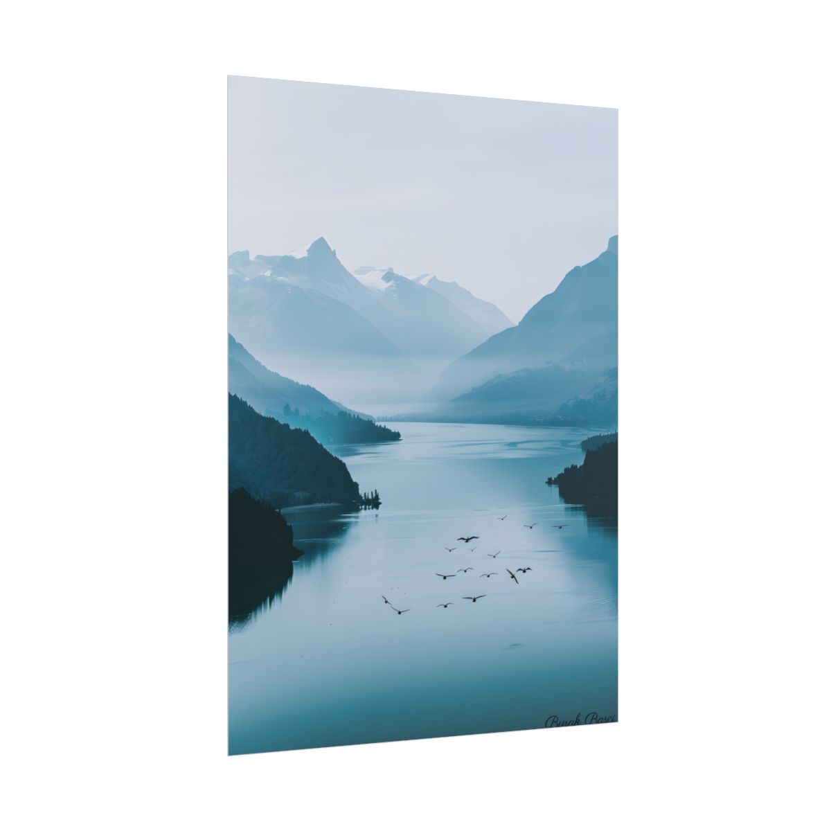 Serene Mountain Lake: Vibrant Birds Eye View Art - Poster