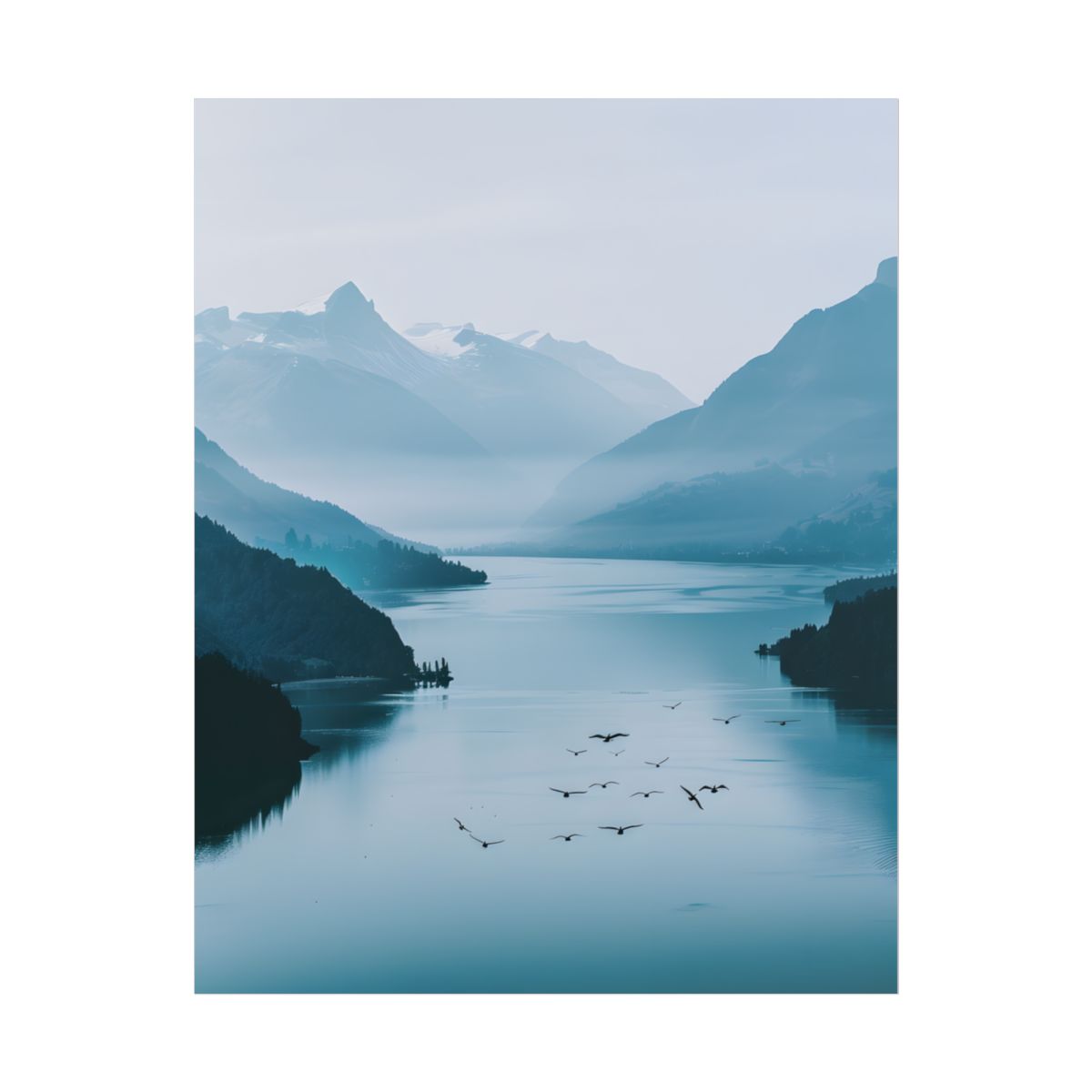 Serene Mountain Lake: Vibrant Birds Eye View Art - Poster