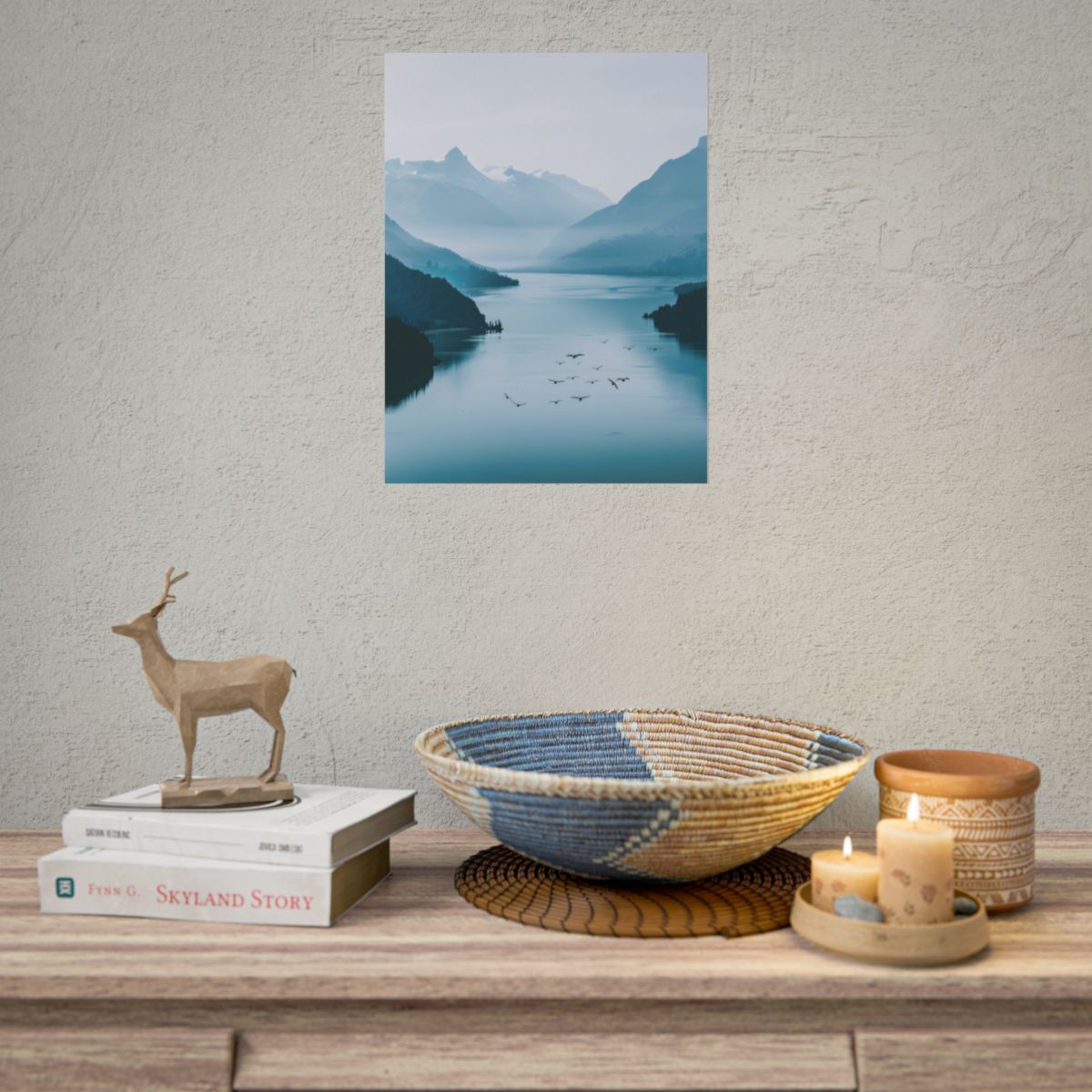 Serene Mountain Lake: Vibrant Birds Eye View Art - Poster