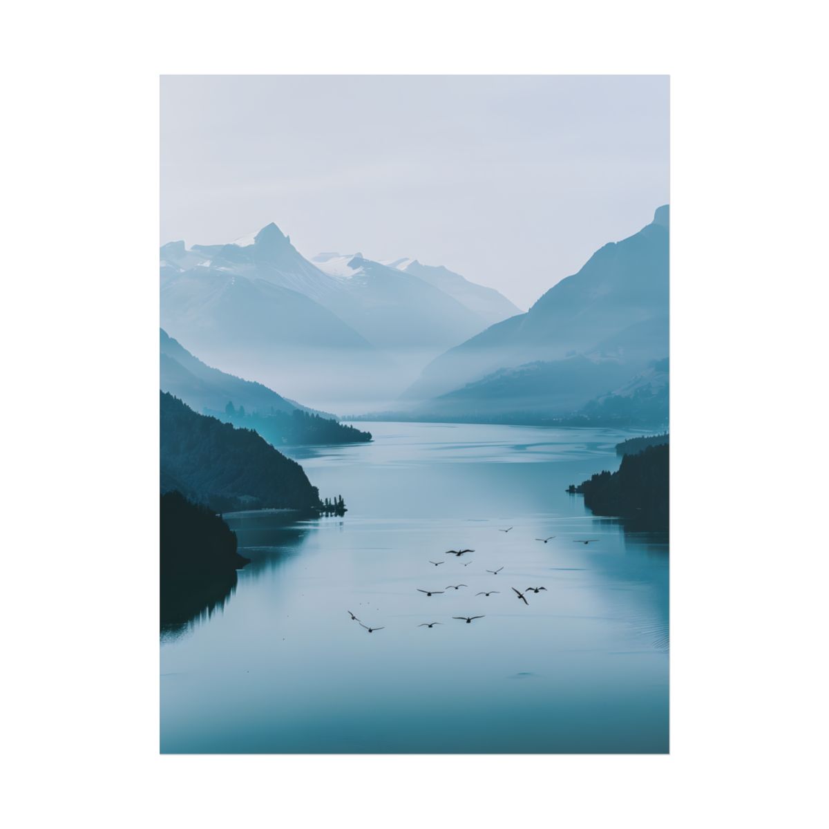Serene Mountain Lake: Vibrant Birds Eye View Art - Poster
