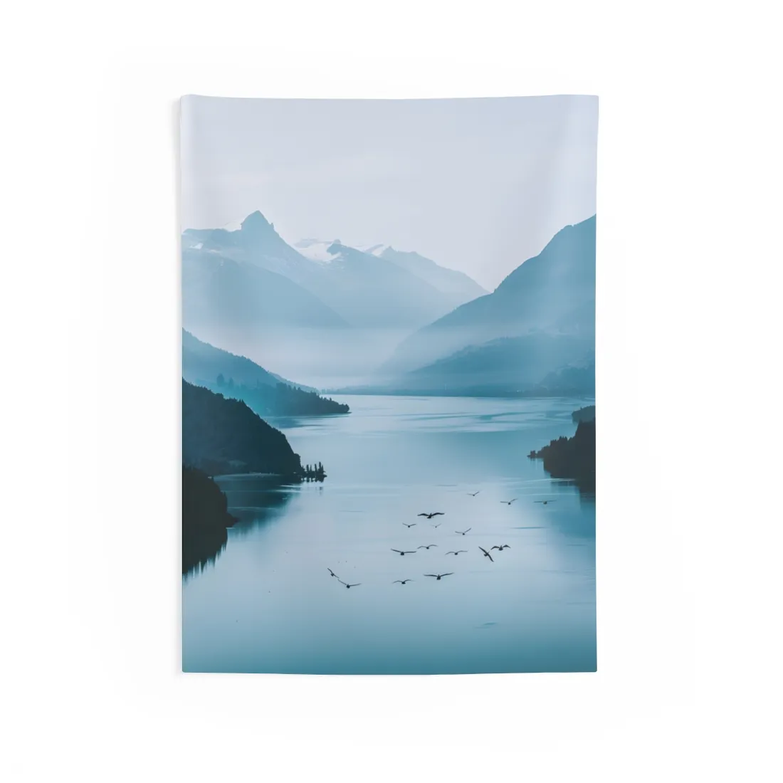 Serene Mountain Lake: Vibrant Birds Eye View Art - Wall Tapestry