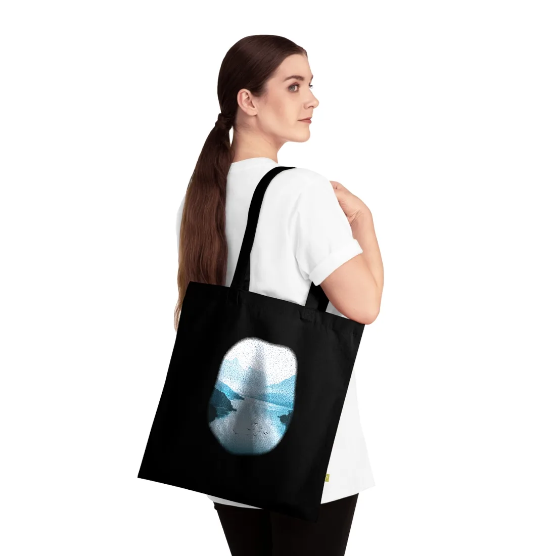 Serene Mountain Lake: Vibrant Birds Eye View Art - Tote Bag (Black)