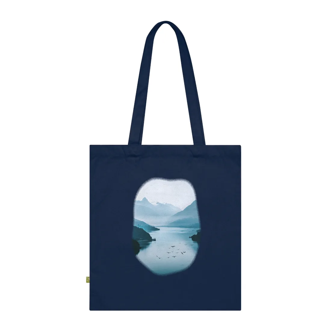 Serene Mountain Lake: Vibrant Birds Eye View Art - Tote Bag (French Navy)
