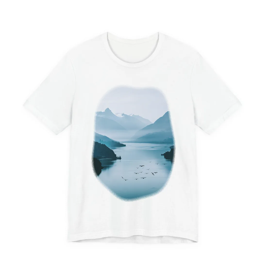 Serene Mountain Lake: Vibrant Birds Eye View Art - T-Shirt (White)