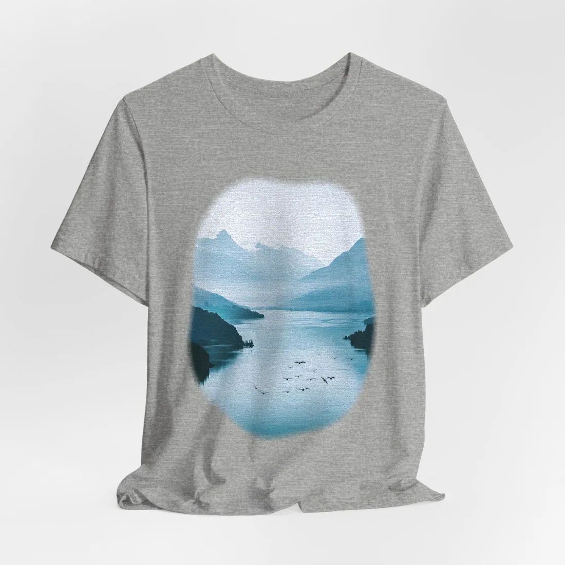 Serene Mountain Lake: Vibrant Birds Eye View Art - T-Shirt (Athletic Heather)