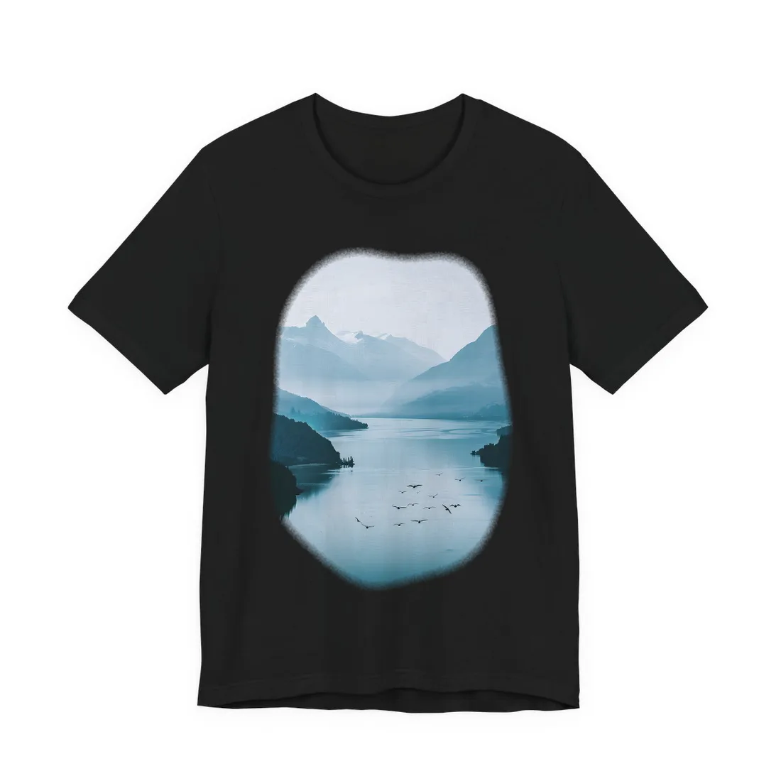 Serene Mountain Lake: Vibrant Birds Eye View Art - T-Shirt (Black)