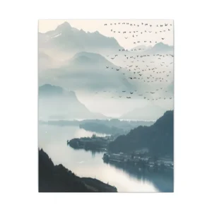 Birds Flying over Misty Lake Canvas Print