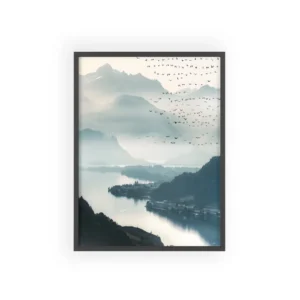 Birds Flying over Misty Lake Framed Poster