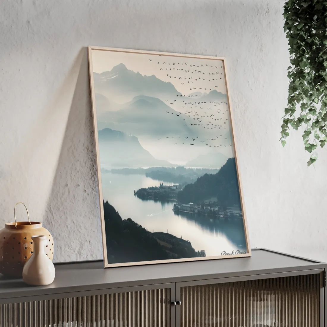 Serene Mountain Landscape: Bird's Eye View Art - Framed Poster