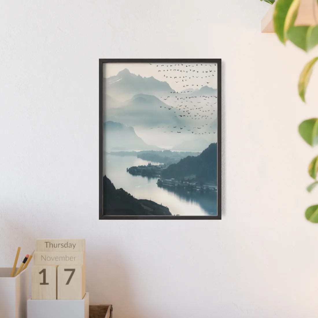 Serene Mountain Landscape: Bird's Eye View Art - Framed Poster