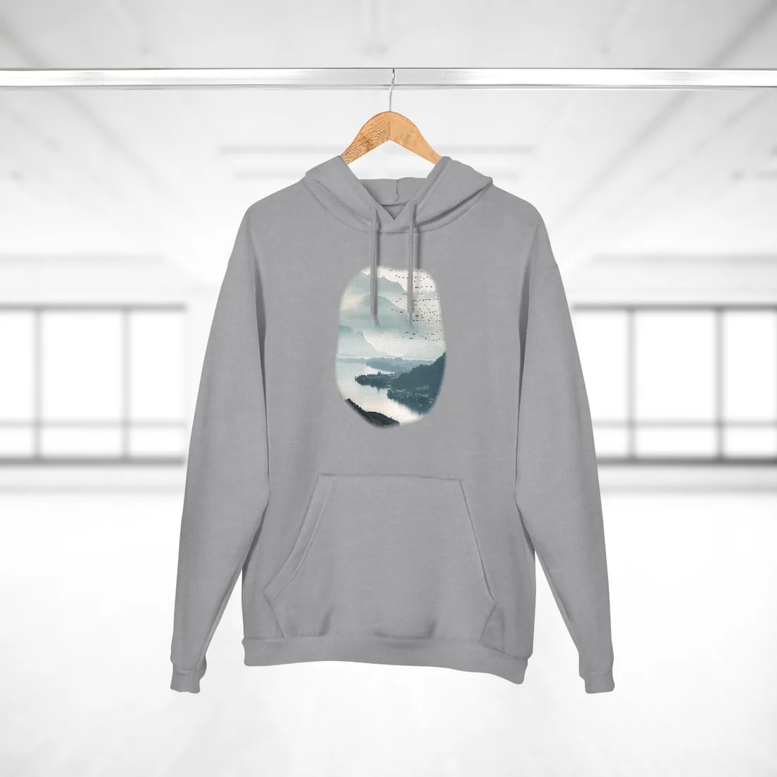Serene Mountain Landscape: Bird's Eye View Art - Hoodie (Heather Grey)