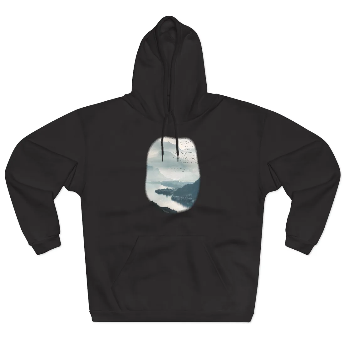 Serene Mountain Landscape: Bird's Eye View Art - Hoodie (Black)