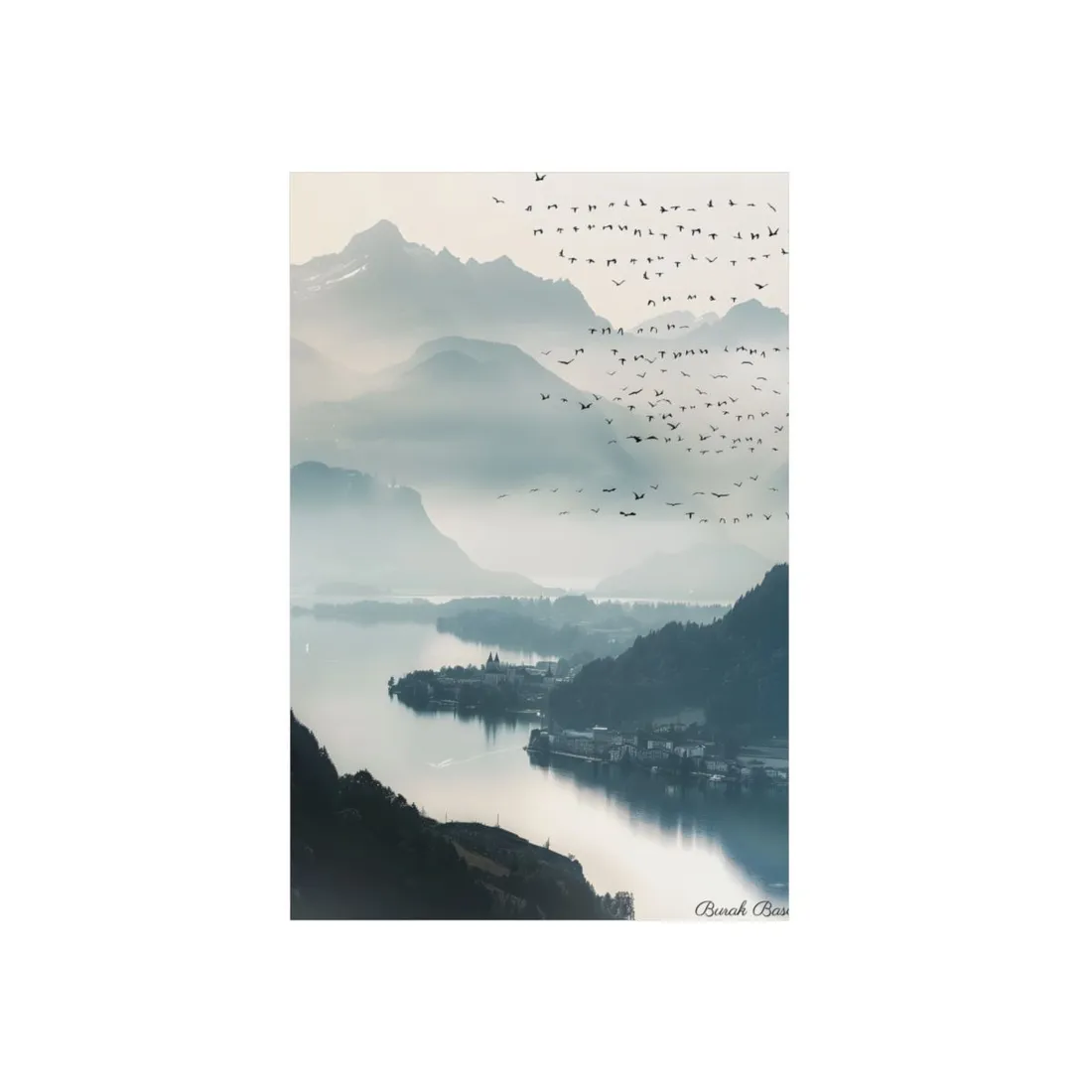 Serene Mountain Landscape: Bird's Eye View Art - Metal Poster