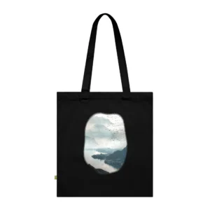 Birds Flying over Misty Lake Tote Bag