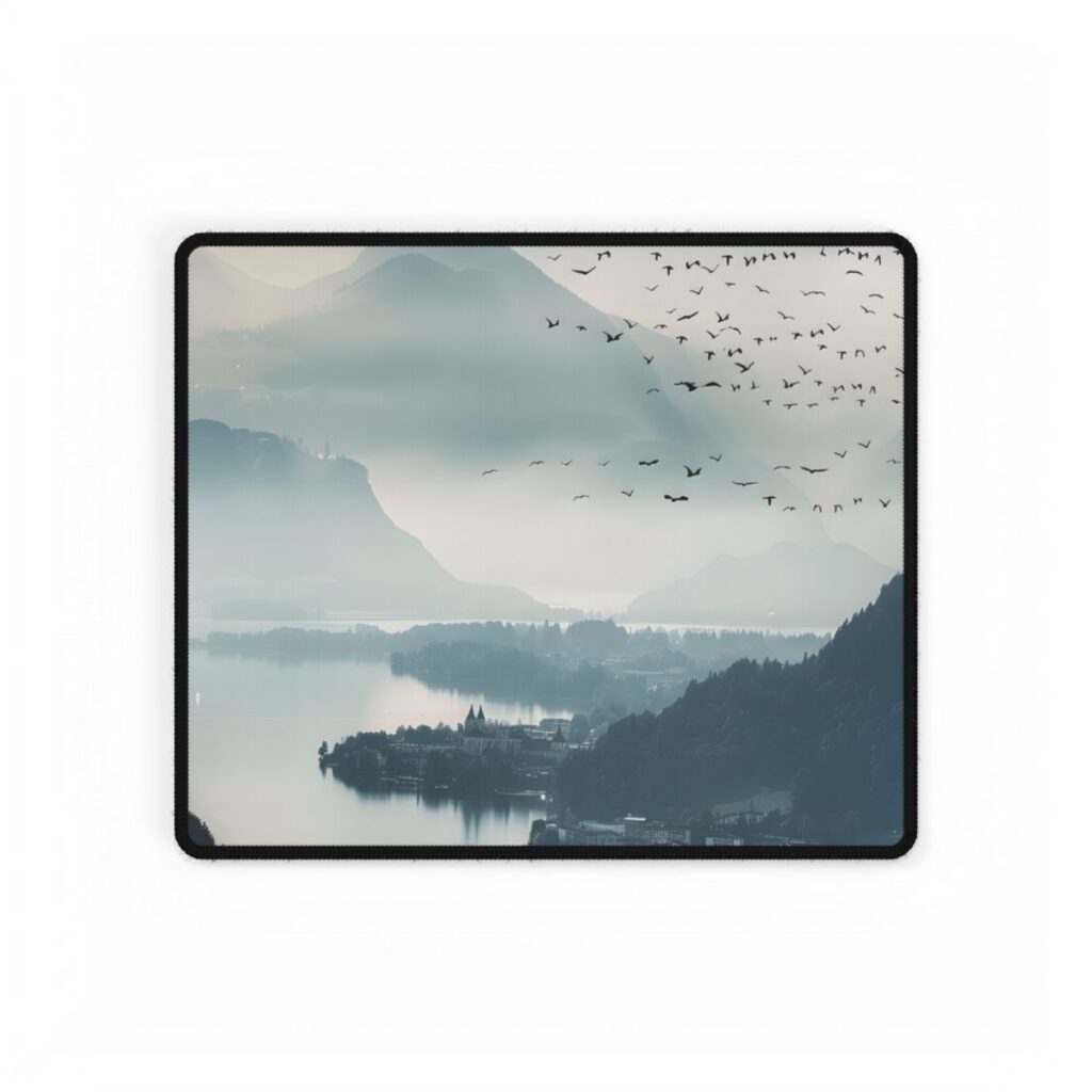 Serene Mountain Landscape: Bird's Eye View Art - Desk Mat