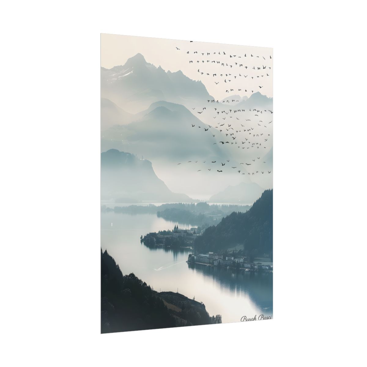 Serene Mountain Landscape: Bird's Eye View Art - Poster