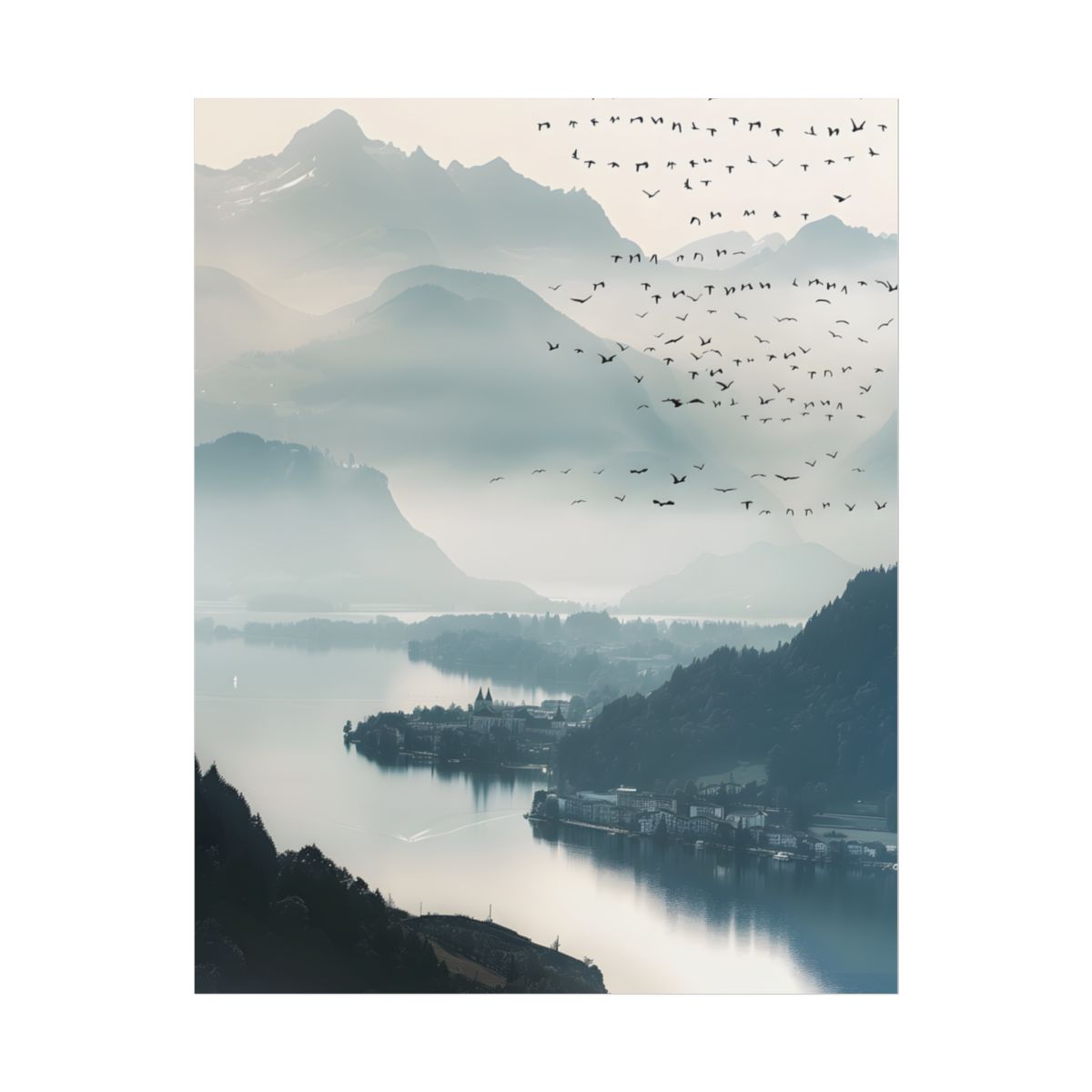 Serene Mountain Landscape: Bird's Eye View Art - Poster