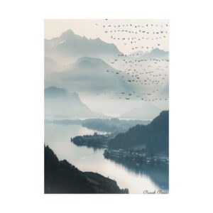 Birds Flying over Misty Lake Poster
