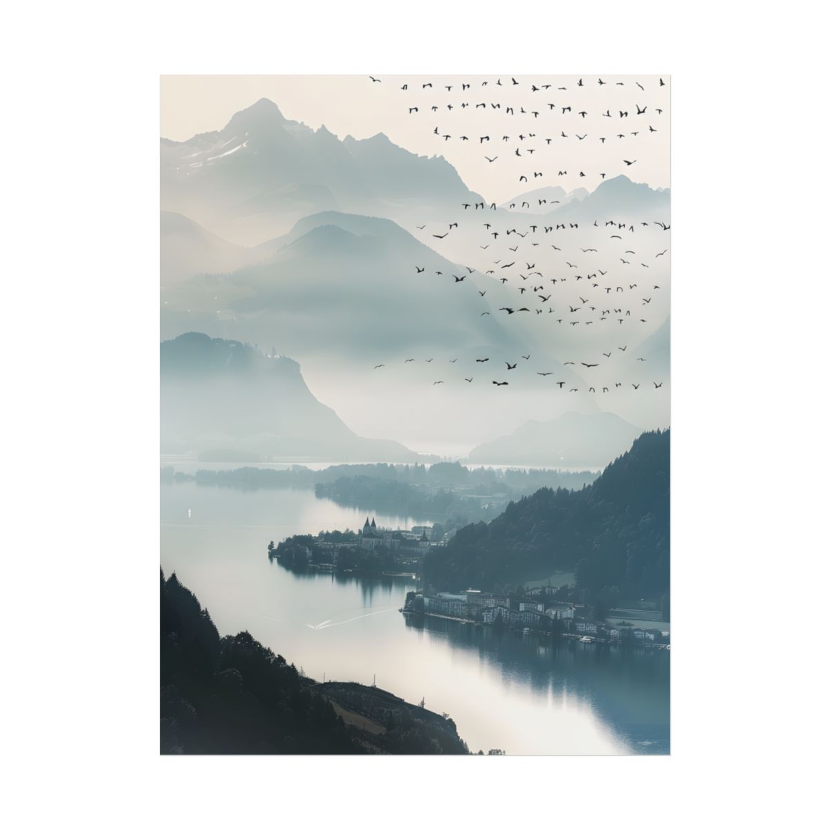 Serene Mountain Landscape: Bird's Eye View Art - Poster