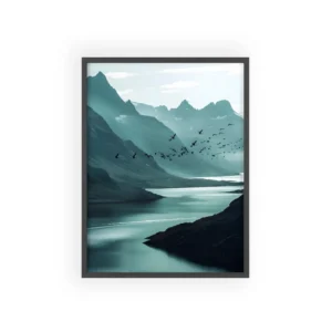 Birds over Misty Mountain Lake Framed Poster