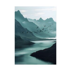 Birds over Misty Mountain Lake Poster