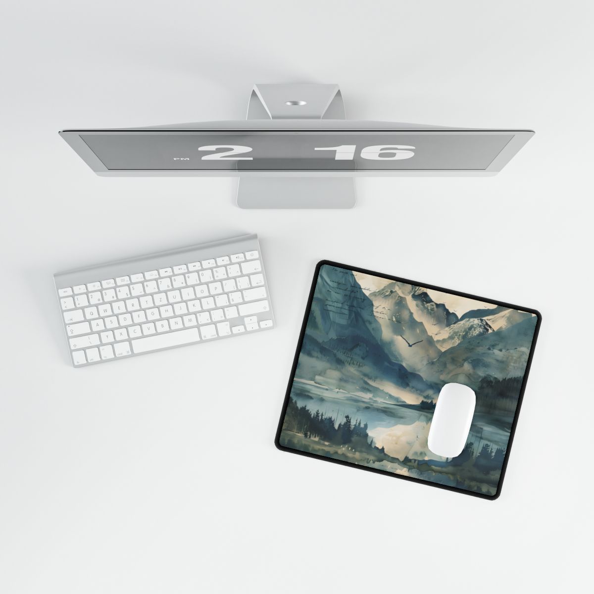 Serene Mountain Landscape: Wildlife Art with Birds in Flight - Desk Mat