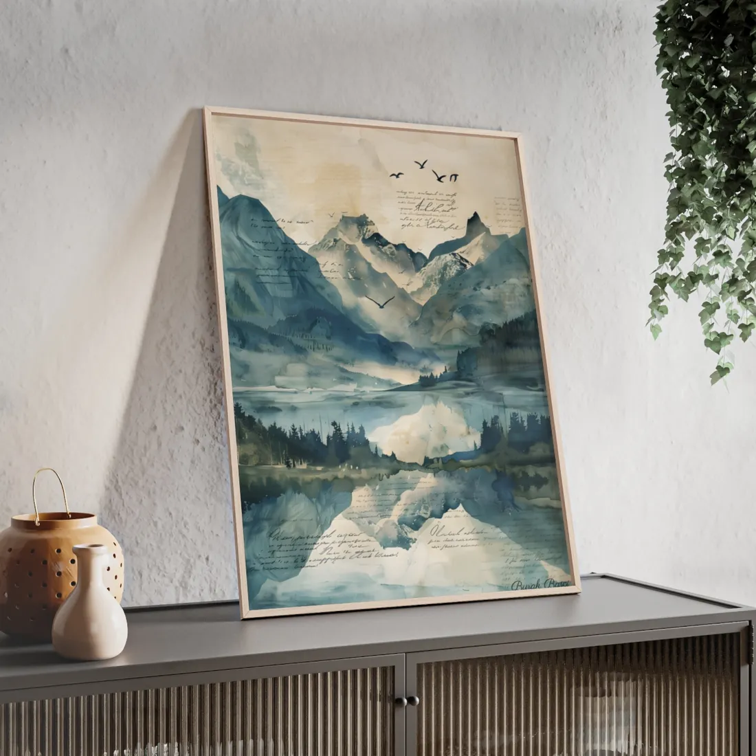Serene Mountain Landscape: Wildlife Art with Birds in Flight - Framed Poster