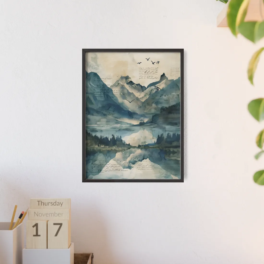Serene Mountain Landscape: Wildlife Art with Birds in Flight - Framed Poster