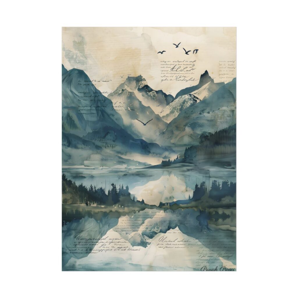 Serene Mountain Landscape: Wildlife Art with Birds in Flight - Poster