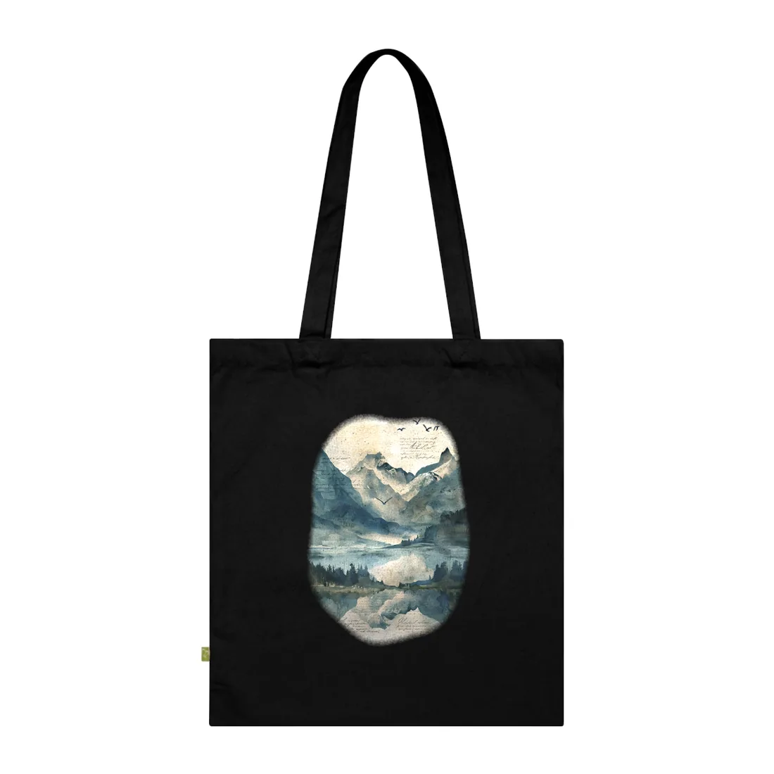 Serene Mountain Landscape: Wildlife Art with Birds in Flight - Tote Bag (Black)