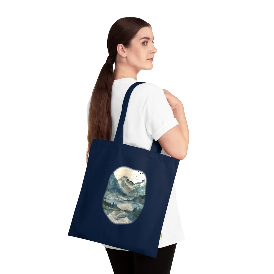 Serene Mountain Landscape: Wildlife Art with Birds in Flight - Tote Bag (French Navy)