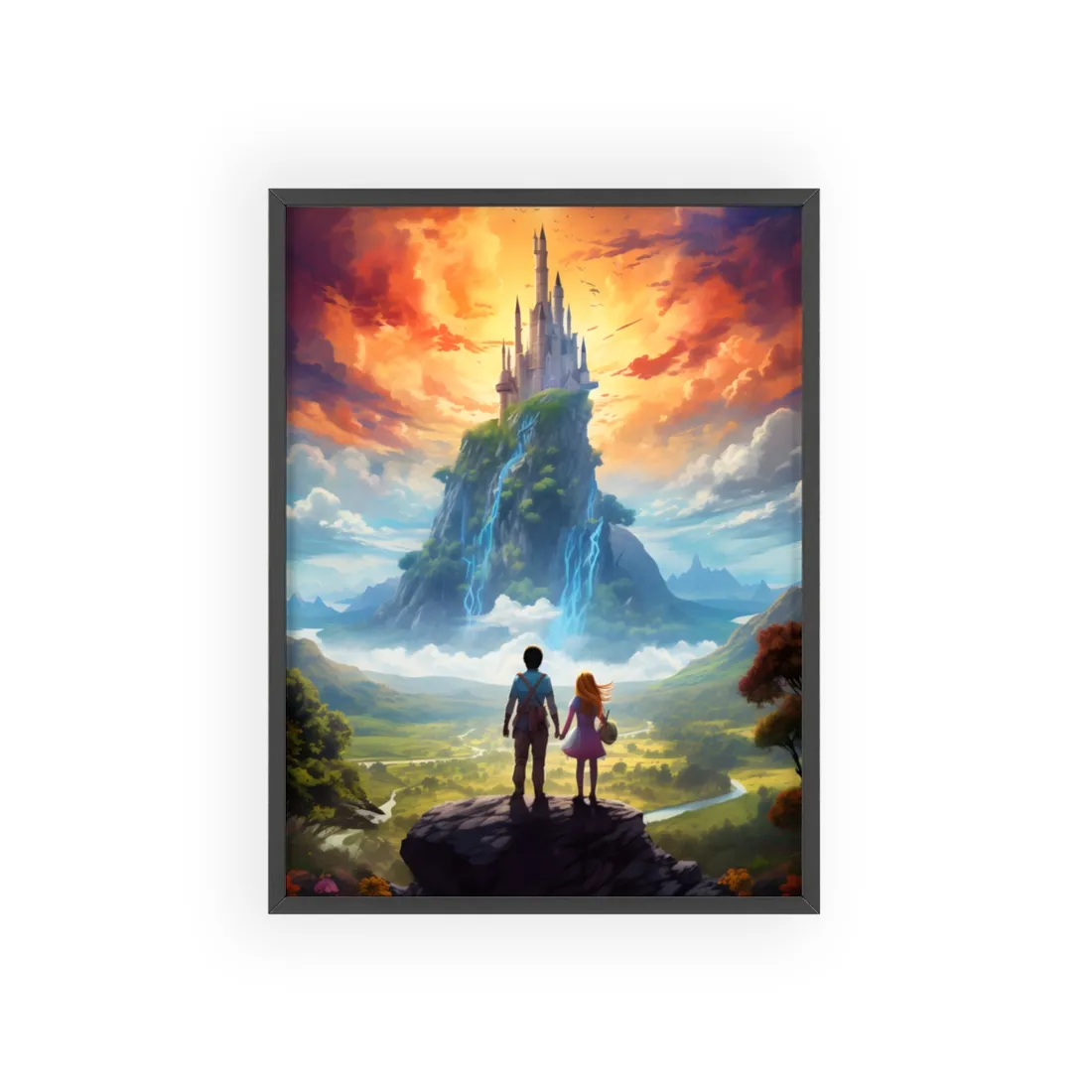 Serene Natural Scene: Girl and Boy in Outdoor Meadow - Framed Poster