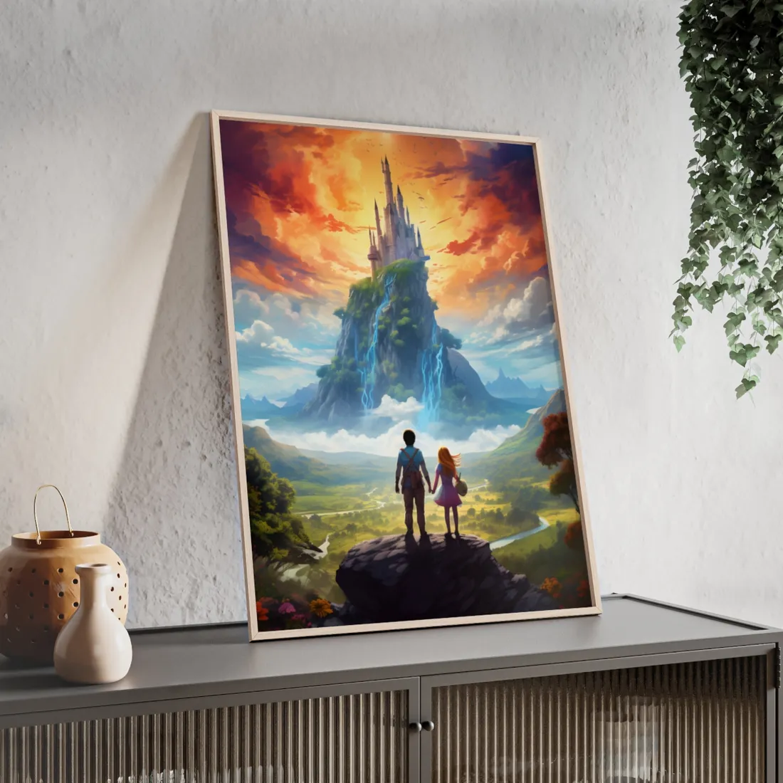 Serene Natural Scene: Girl and Boy in Outdoor Meadow - Framed Poster