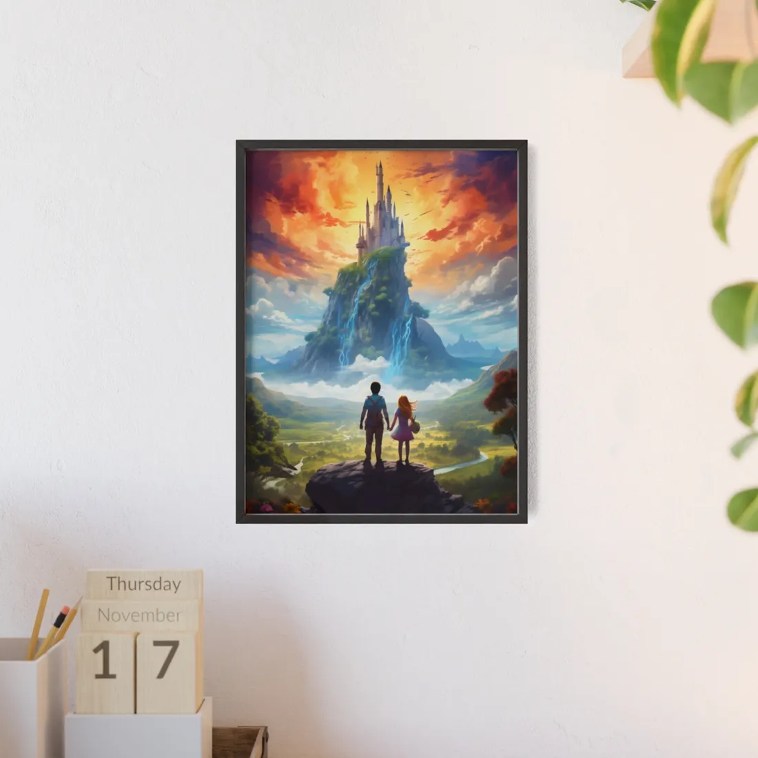 Serene Natural Scene: Girl and Boy in Outdoor Meadow - Framed Poster