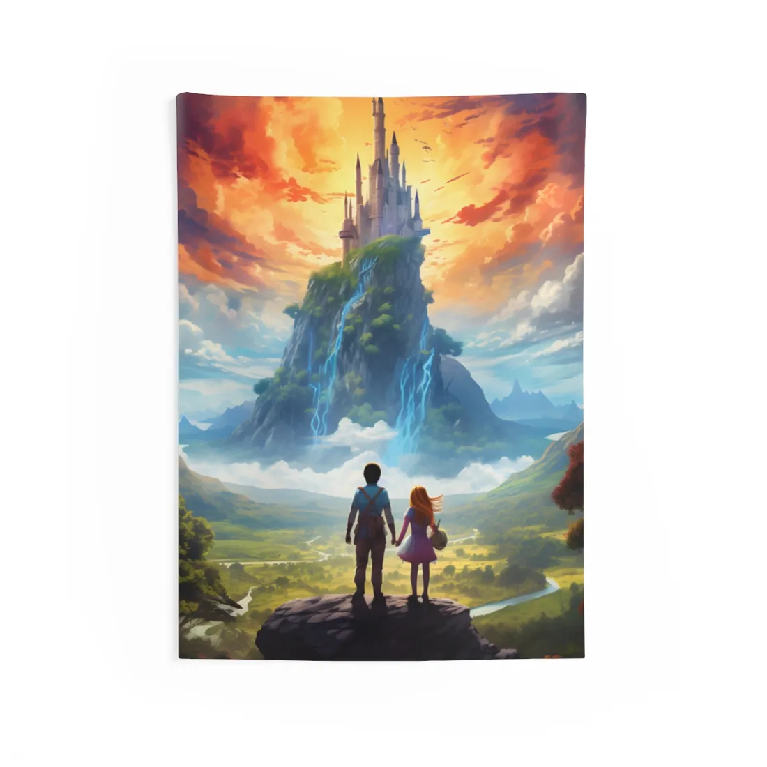Serene Natural Scene: Girl and Boy in Outdoor Meadow - Wall Tapestry