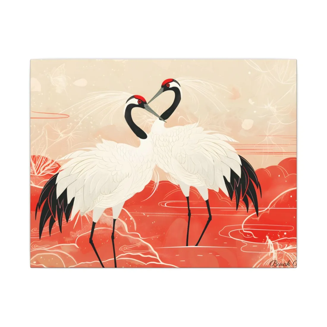 Serene Nature: Two Cranes Amidst Red and Green Landscape Art - Canvas