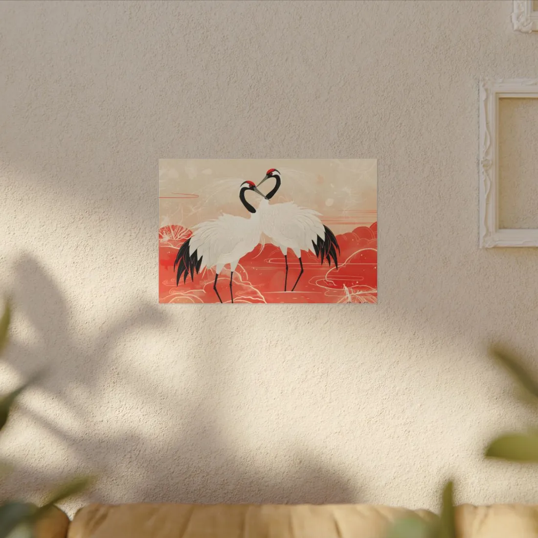 Serene Nature: Two Cranes Amidst Red and Green Landscape Art - Canvas