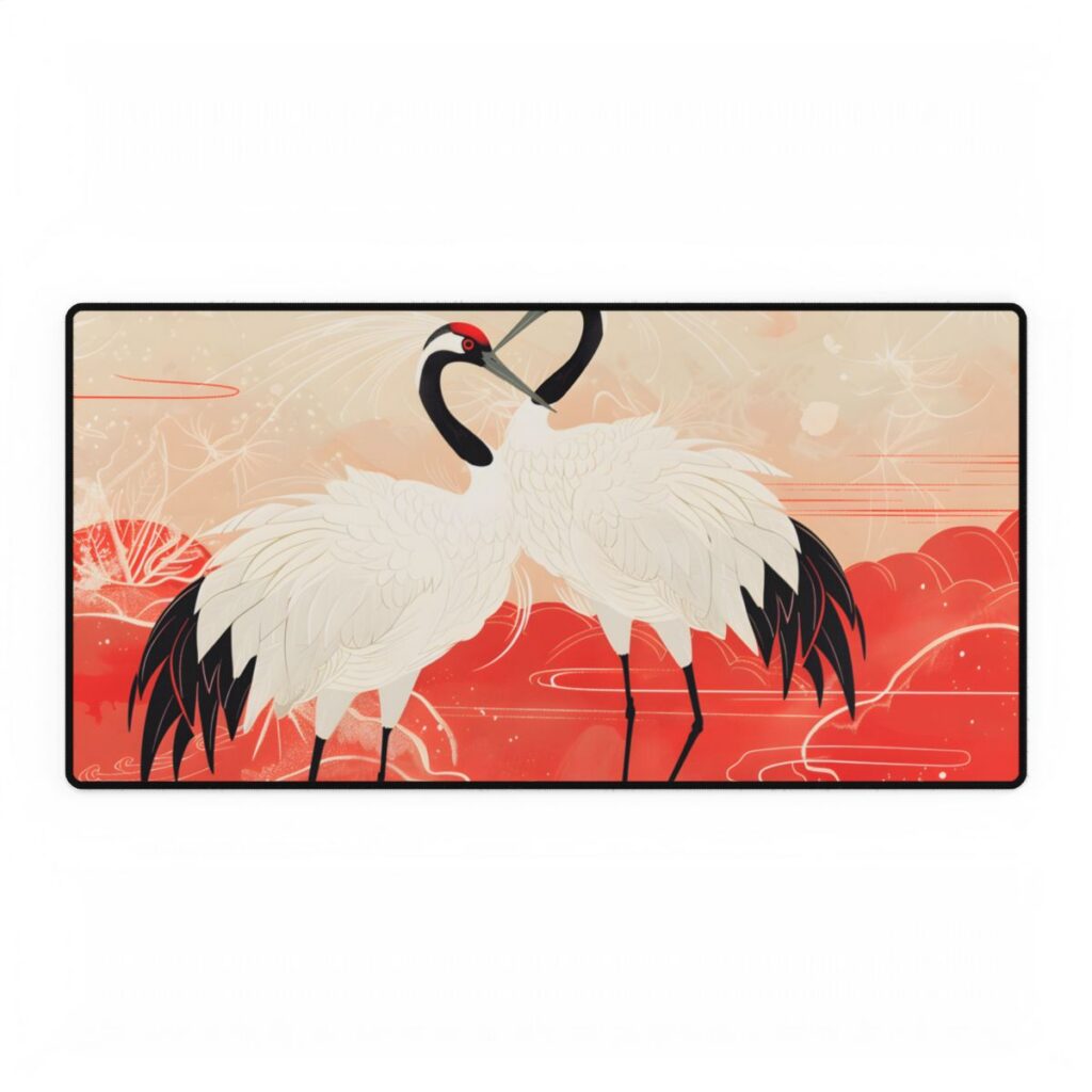 Serene Nature: Two Cranes Amidst Red and Green Landscape Art - Desk Mat