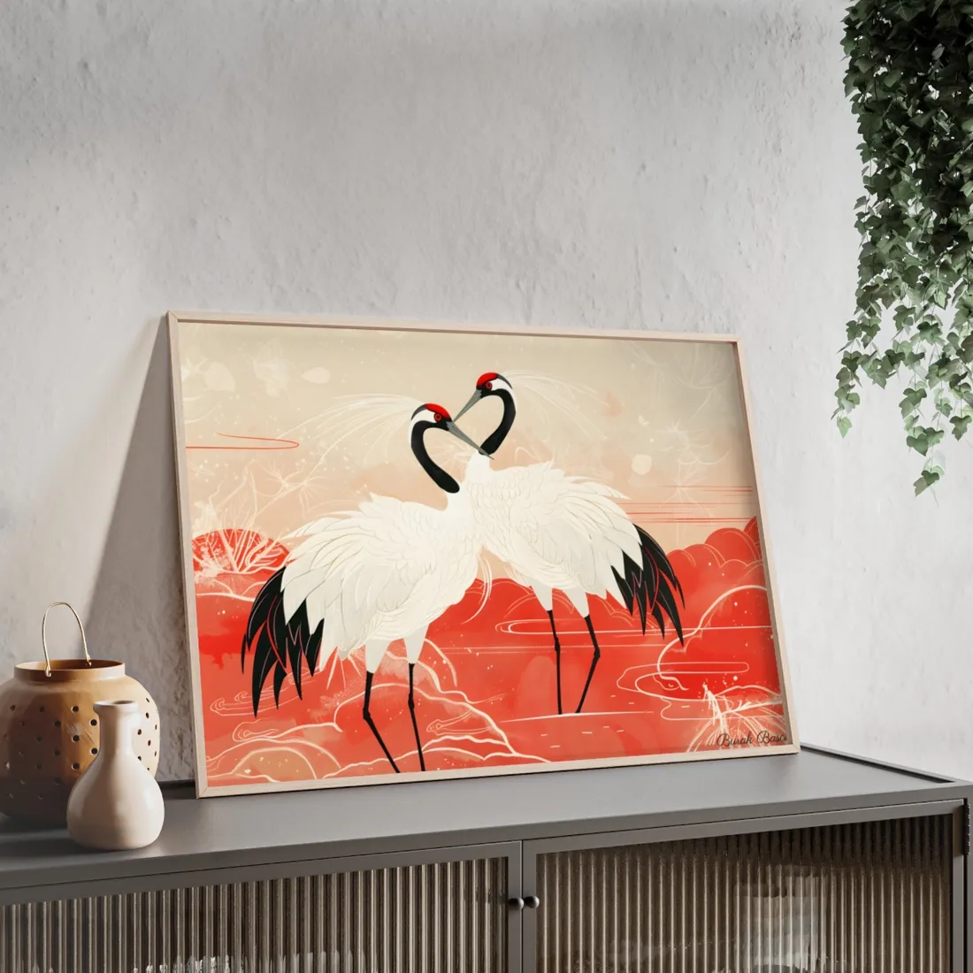 Serene Nature: Two Cranes Amidst Red and Green Landscape Art - Framed Poster