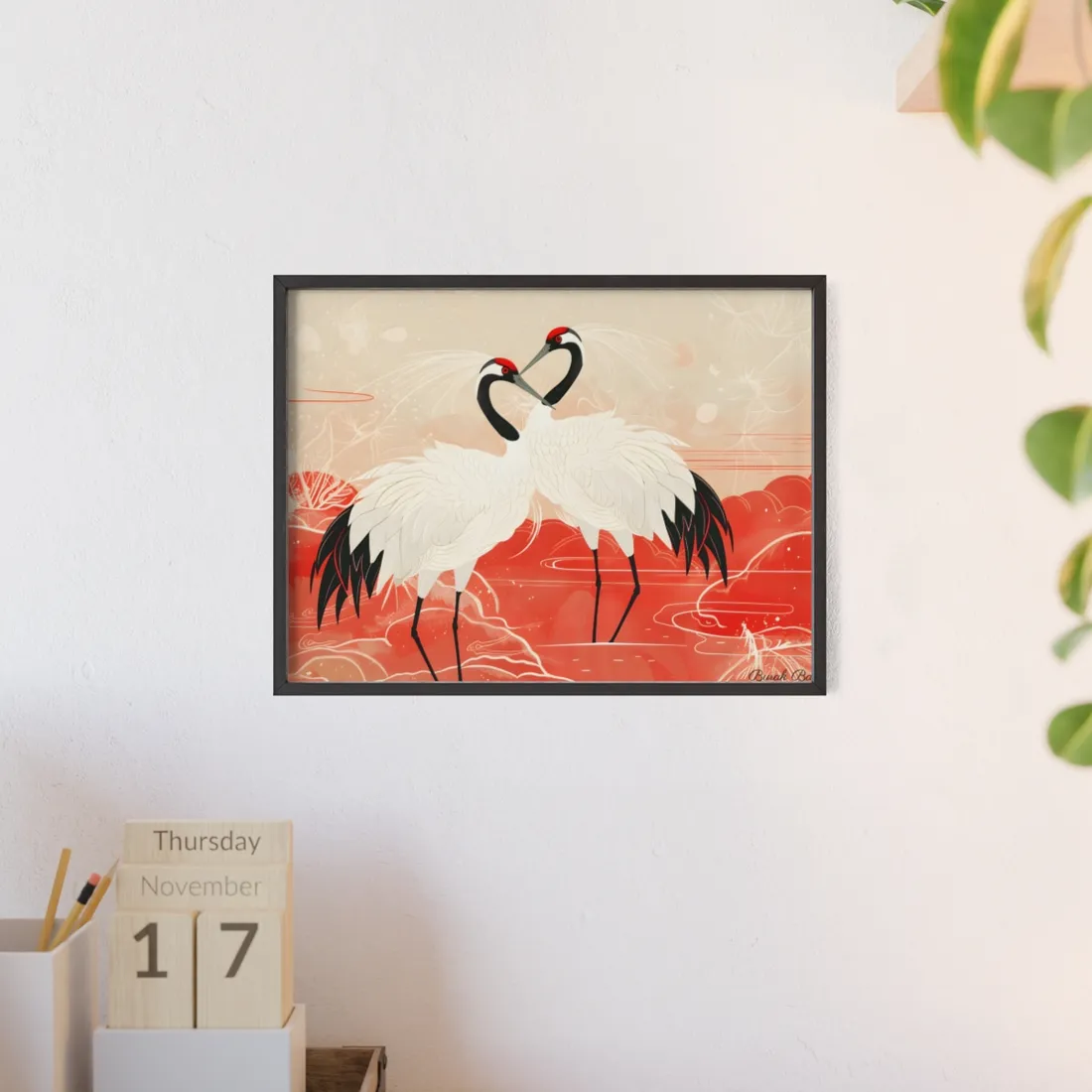 Serene Nature: Two Cranes Amidst Red and Green Landscape Art - Framed Poster