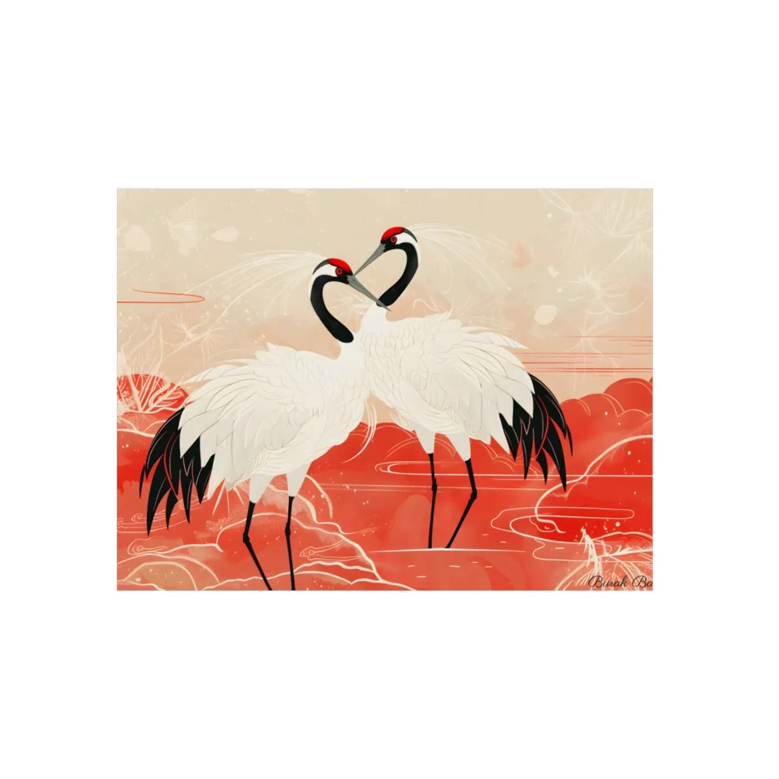 Serene Nature: Two Cranes Amidst Red and Green Landscape Art - Metal Poster