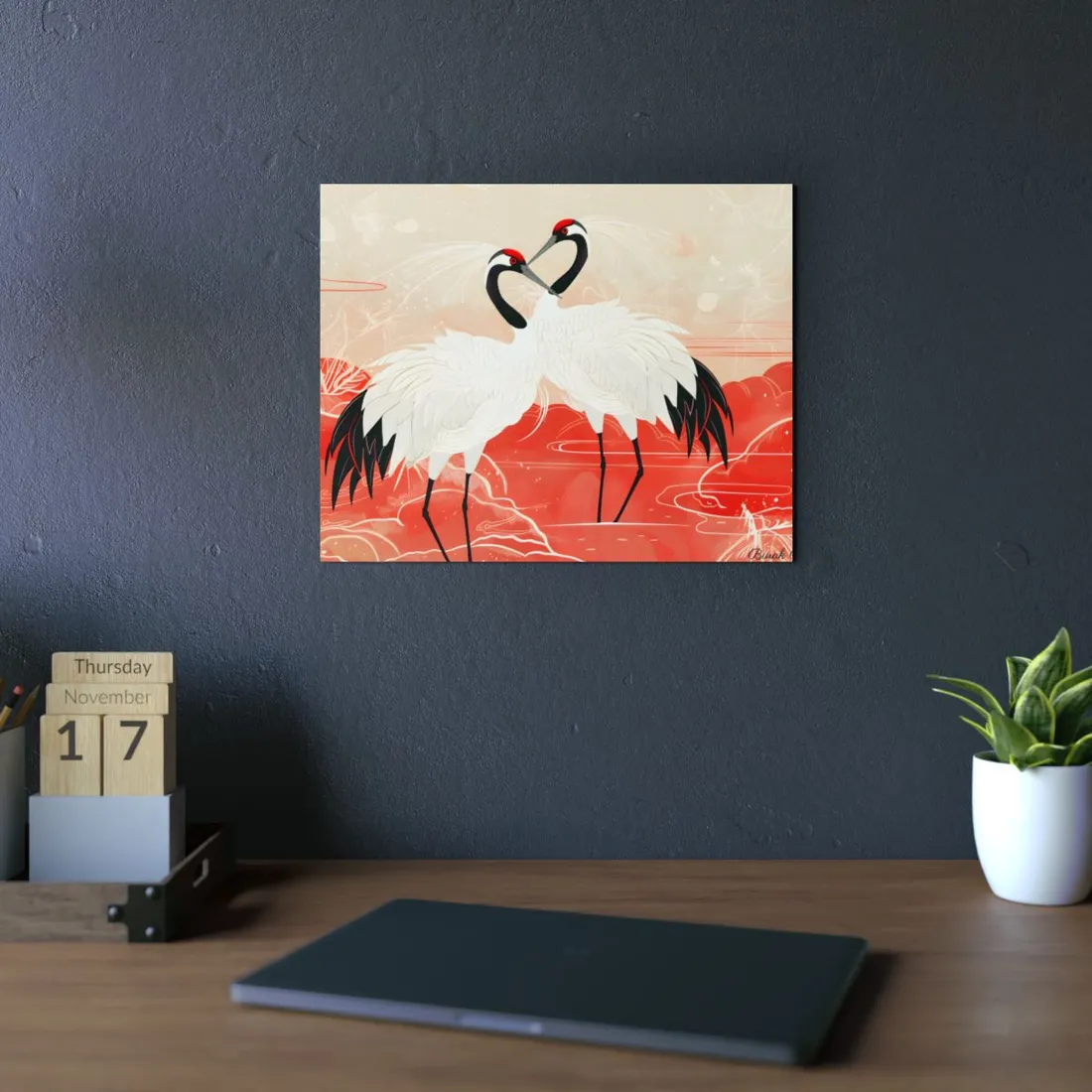 Serene Nature: Two Cranes Amidst Red and Green Landscape Art - Metal Poster