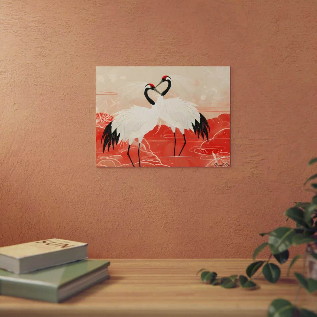 Serene Nature: Two Cranes Amidst Red and Green Landscape Art - Metal Poster