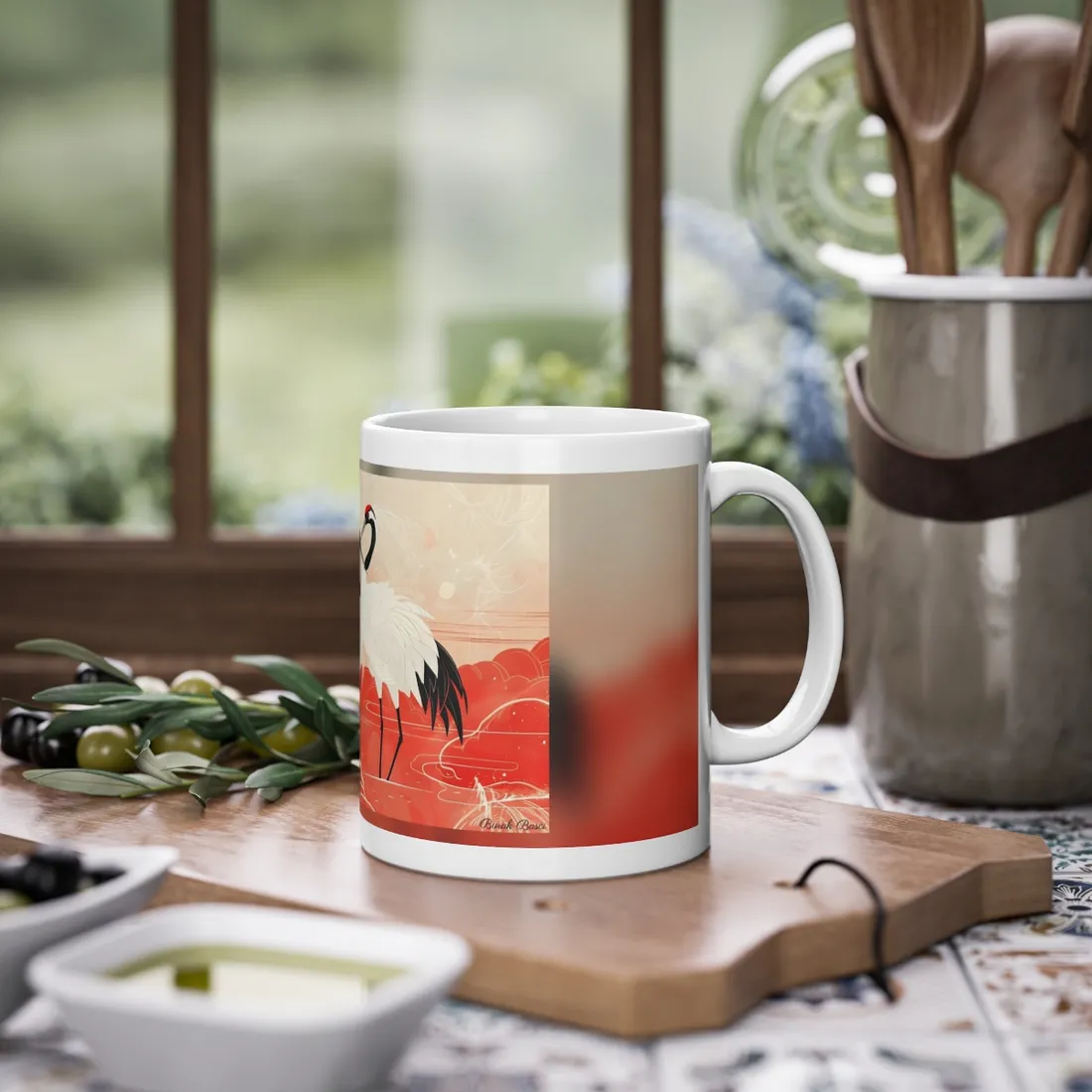 Serene Nature: Two Cranes Amidst Red and Green Landscape Art - Mug