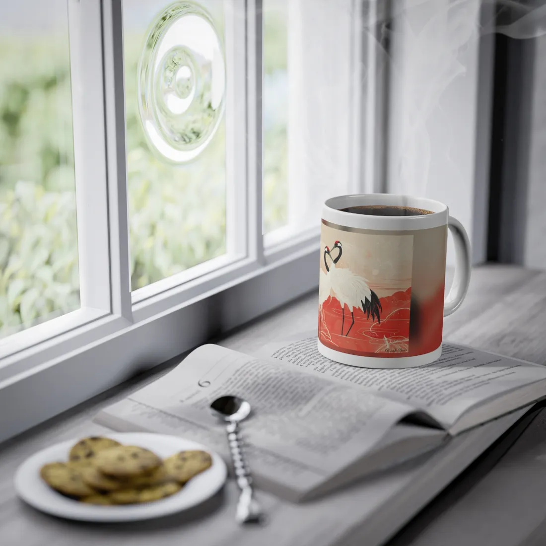 Serene Nature: Two Cranes Amidst Red and Green Landscape Art - Mug