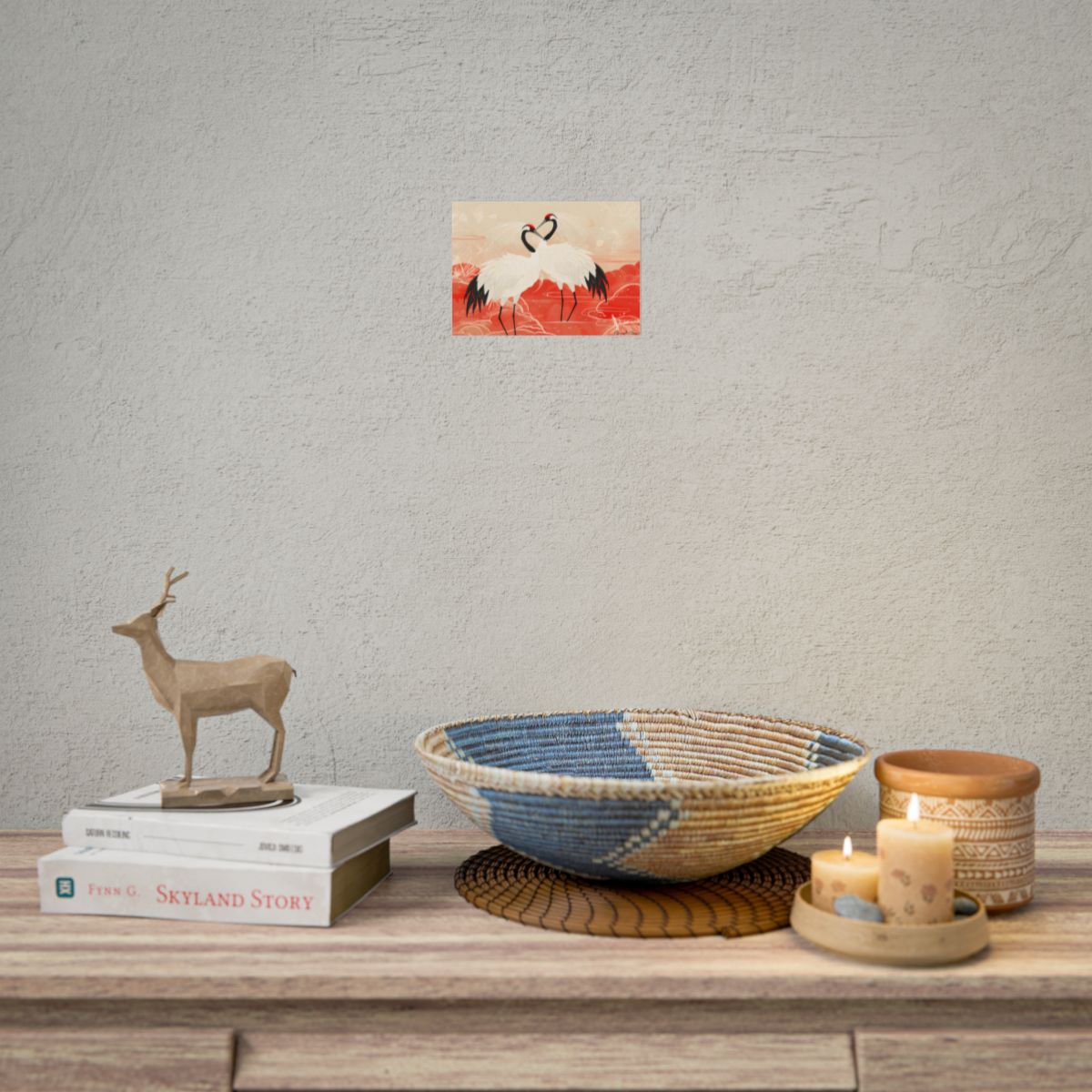 Serene Nature: Two Cranes Amidst Red and Green Landscape Art - Poster