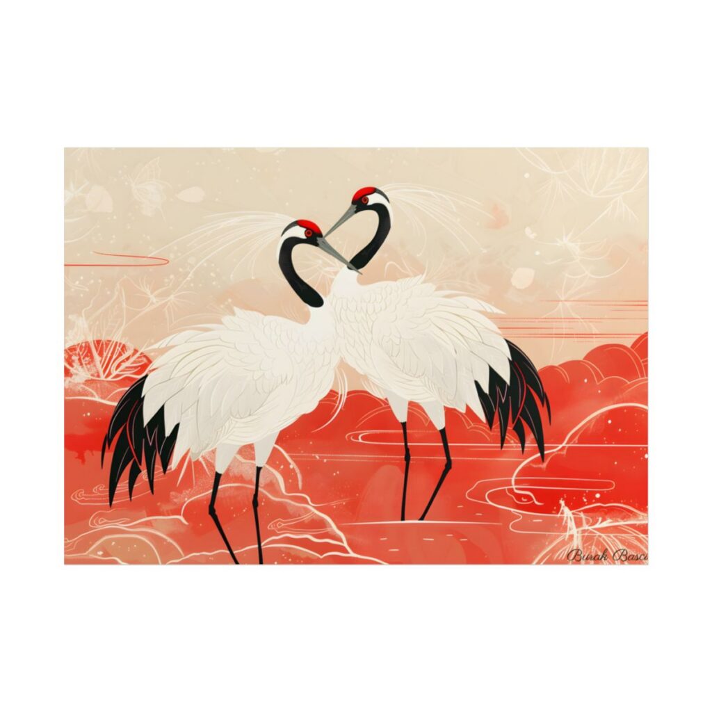 Serene Nature: Two Cranes Amidst Red and Green Landscape Art - Poster